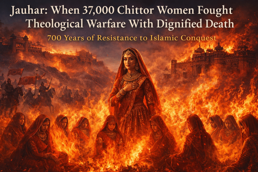 Jauhar 0 HinduinfoPedia Jauhar, Chittor Fort, Rajput History, Theological Warfare, Islamic Conquest, Hindu Resistance, Medieval India, Siege of Chittor, Rajput Women, Civilizational Conflict, Rajasthan History, Honor Death Tradition