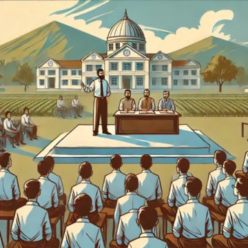 Landscape digital illustration optimized for video thumbnail. Theme_ schools and teacher authority. Show a disciplined classroom and outdoor assembly disciplined education, teacher authority, character building, structured learning, educational hierarchy, value-based schooling, social discipline, institutional order, youth formation, civilizational education, RSS Character Manufacturing Model