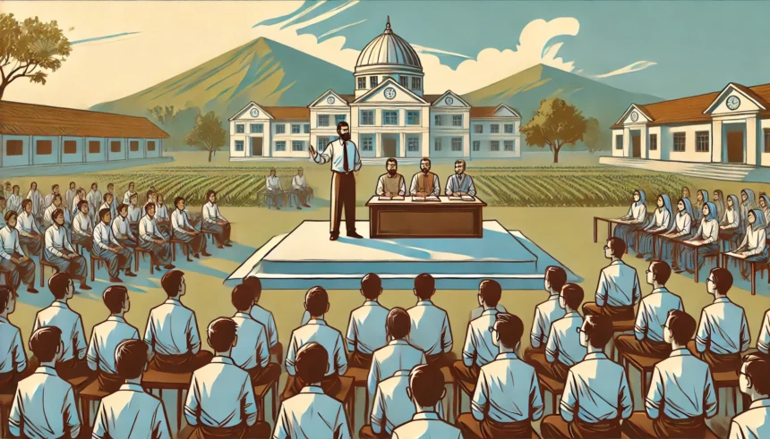 Landscape digital illustration optimized for video thumbnail. Theme_ schools and teacher authority. Show a disciplined classroom and outdoor assembly disciplined education, teacher authority, character building, structured learning, educational hierarchy, value-based schooling, social discipline, institutional order, youth formation, civilizational education, RSS Character Manufacturing Model