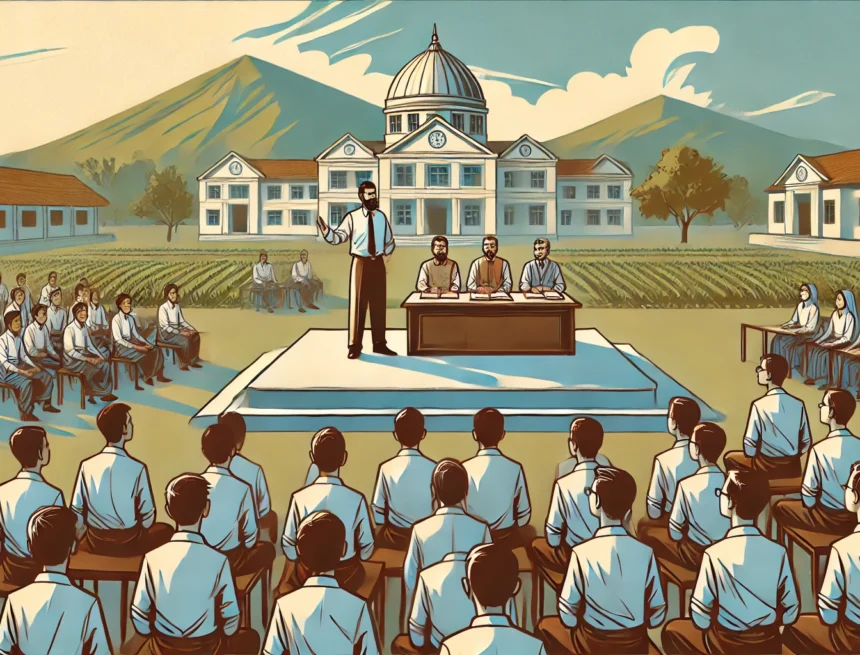 Landscape digital illustration optimized for video thumbnail. Theme_ schools and teacher authority. Show a disciplined classroom and outdoor assembly disciplined education, teacher authority, character building, structured learning, educational hierarchy, value-based schooling, social discipline, institutional order, youth formation, civilizational education, RSS Character Manufacturing Model