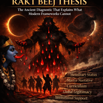 Raktbeej Thesis Explained 1 Hinduinfopedia Raktbeej thesis, Devi Mahatmya symbolism, Kali archetype, civilizational diagnostic, mythological encoding, Vedic science concept, replication metaphor, symbolic warfare art, Hindu philosophy illustration, cosmic geometry background, conceptual political art, dark editorial cover design