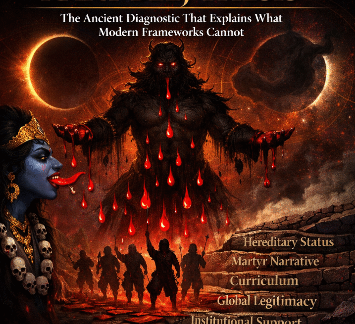 Raktbeej Thesis Explained 1 Hinduinfopedia Raktbeej thesis, Devi Mahatmya symbolism, Kali archetype, civilizational diagnostic, mythological encoding, Vedic science concept, replication metaphor, symbolic warfare art, Hindu philosophy illustration, cosmic geometry background, conceptual political art, dark editorial cover design