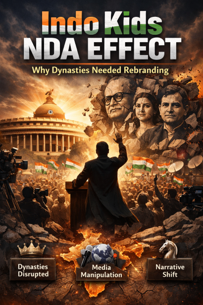 Indo Kids 3s Indian politics, 2014 general election, political dynasties, NDA, Narendra Modi rally, democracy shift, electoral disruption, narrative warfare, media influence, power transition, political rebranding, India digital politics