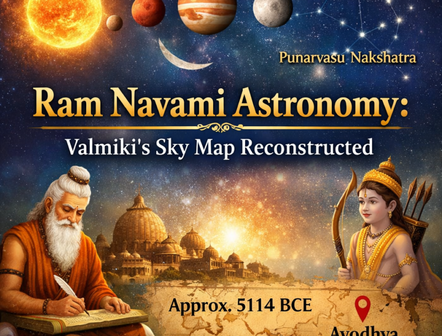 Ram Navami astronomy, Valmiki Ramayana, ancient Indian astronomy, Panchanga calendar, planetary alignment, Ayodhya skyline, celestial map, Vedic knowledge, sky reconstruction, Hindu astronomy