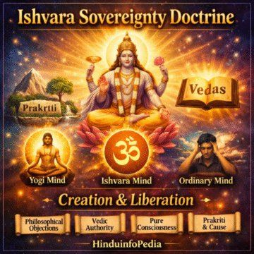 Ishvara sovereignty doctrine, Patanjali yoga sutra, yoga philosophy, Hindu philosophy, Vedic knowledge, supreme consciousness, Om symbol, meditation lotus, prakriti concept, yogi mind symbolism, ordinary mind symbolism, Vedas scripture, Indian philosophy, spiritual cosmology, HinduinfoPedia