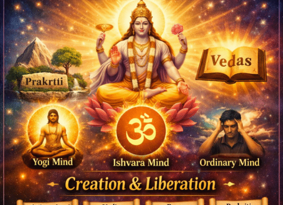 Ishvara sovereignty doctrine, Patanjali yoga sutra, yoga philosophy, Hindu philosophy, Vedic knowledge, supreme consciousness, Om symbol, meditation lotus, prakriti concept, yogi mind symbolism, ordinary mind symbolism, Vedas scripture, Indian philosophy, spiritual cosmology, HinduinfoPedia