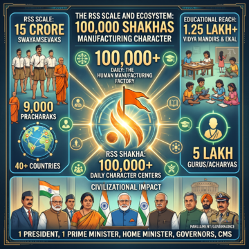 RSS scale, RSS ecosystem, Shakha, character building, human manufacturing, RSS swayamsevak, Vidya Bharati, Ekal Vidyalaya, organizational scale, civilizational impact, RSS pracharak, Indian education, cultural preservation, governance leadership, grassroots organization