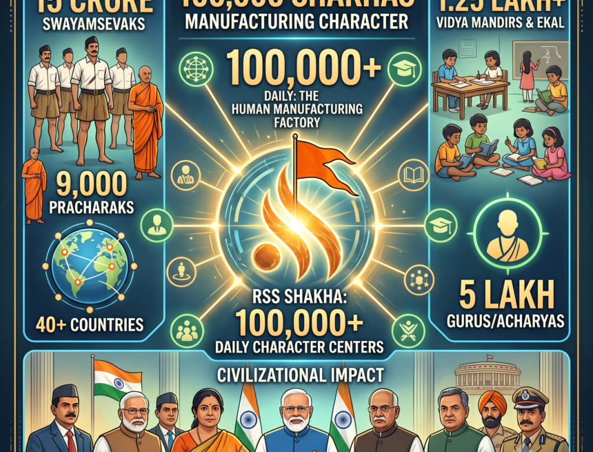 RSS scale, RSS ecosystem, Shakha, character building, human manufacturing, RSS swayamsevak, Vidya Bharati, Ekal Vidyalaya, organizational scale, civilizational impact, RSS pracharak, Indian education, cultural preservation, governance leadership, grassroots organization