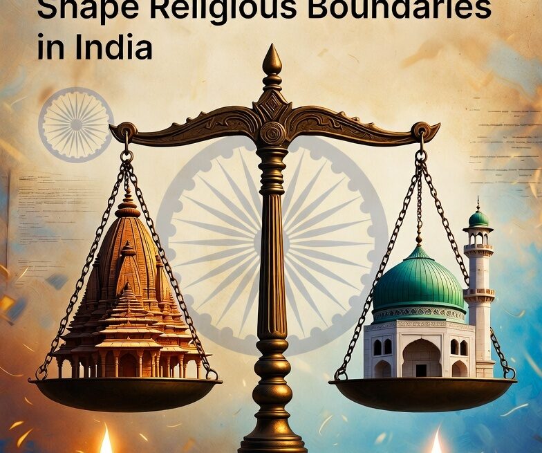Kota 8 HinduinfoPedia institutional asymmetry, religious boundaries, india, scales of justice, hindu temple, mosque, waqf, hindu endowments, constitutional balance, sacred spaces, legal parity, ashoka chakra, diya, digital art, feature image, blog illustration
